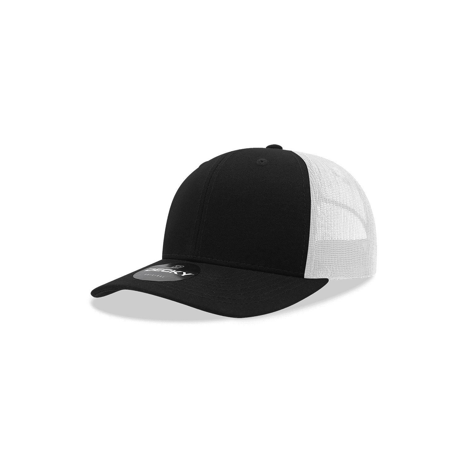 A black and white structured trucker cap with a mesh back and a visible logo. Youth 6 Panel Mid Profile Structured Trucker - Image 1