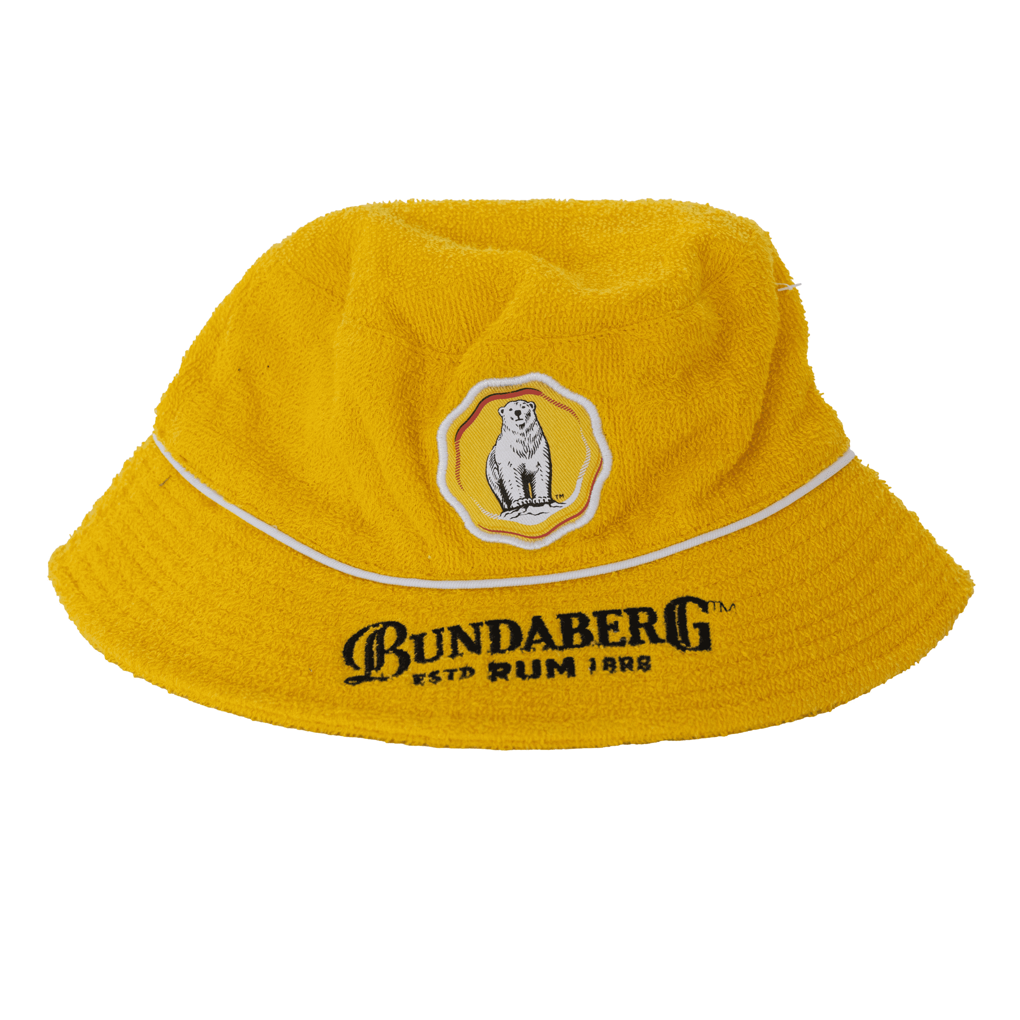 A yellow terry bucket hat featuring an emblem and branded logo on the front. Terry Bucket Hat - Image 1