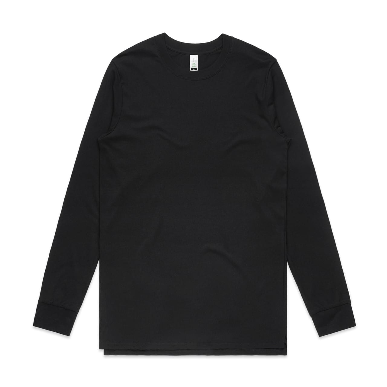 A black long-sleeve organic T-shirt with a simple design and a small logo on the label. Base Organic L/S Tee - Image 1