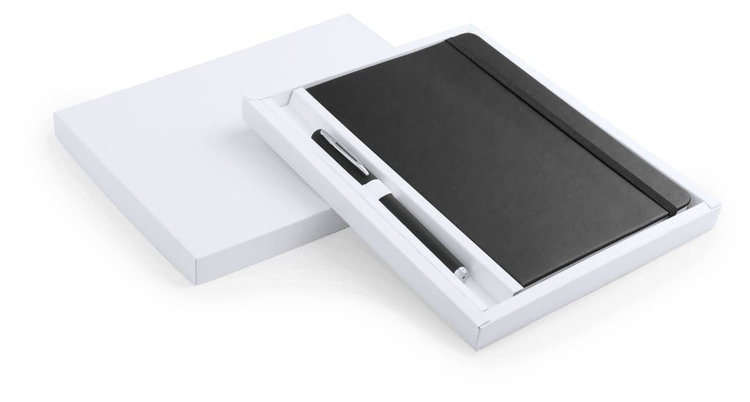 A black notebook with a matching pen, presented in a white gift box. The set includes a logo. Marden Set - Image 1