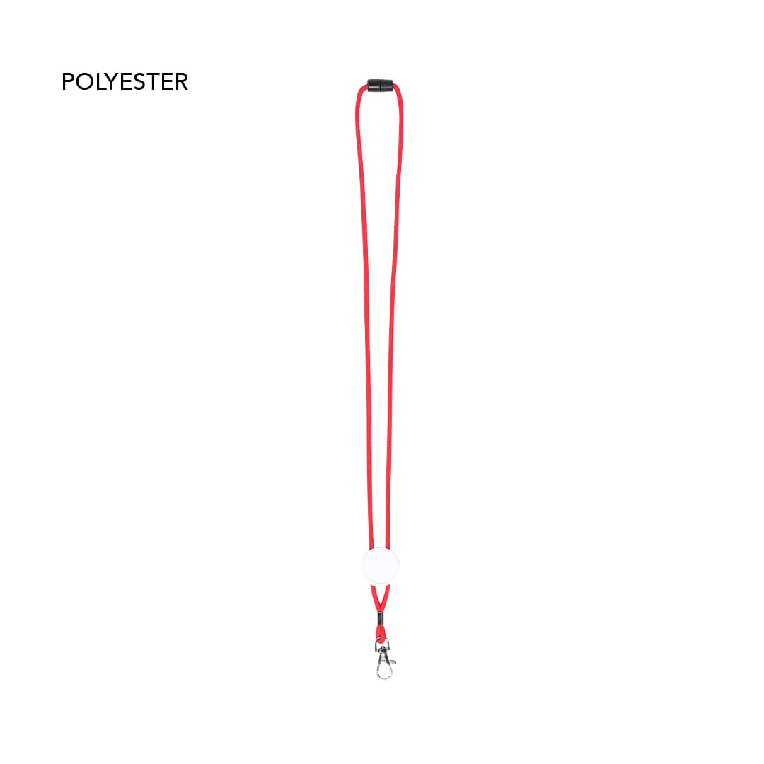 A red polyester lanyard featuring a clip for securing items. It has a simple, straight design. Perux Lanyard - Image 1