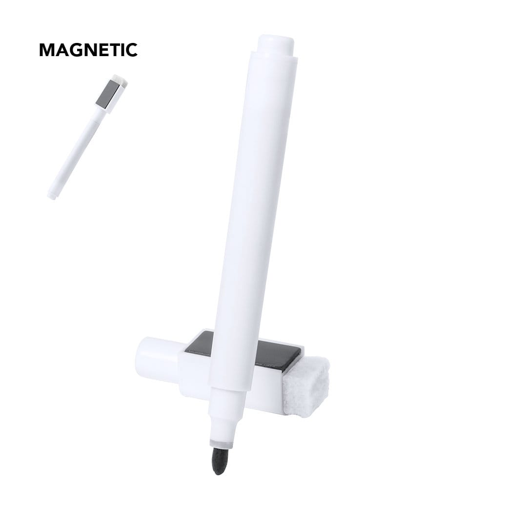 A white magnetic felt tip pen with a black tip, displayed alongside a holder. The holder also features a felt cleaning section. Solek Felt Tip Pen - Image 1