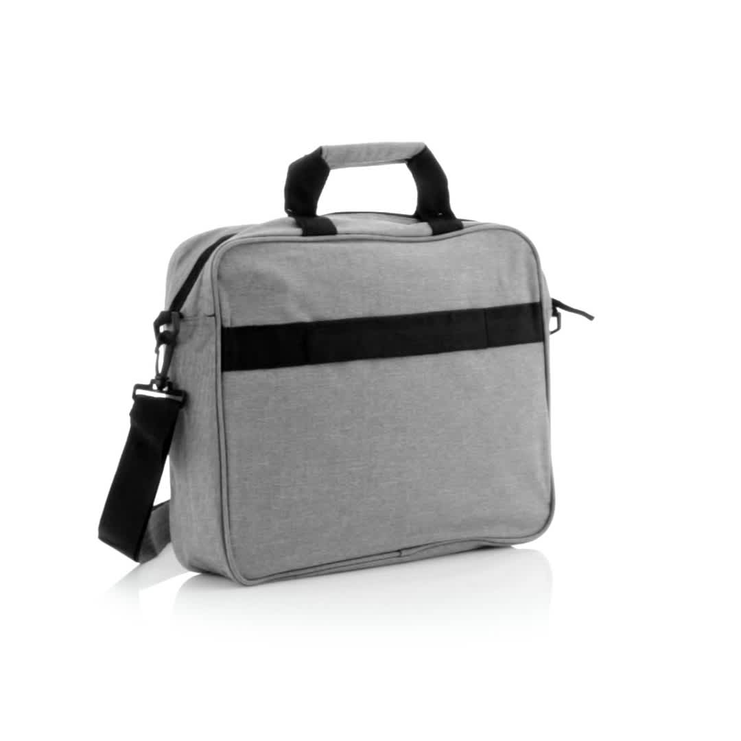 A grey document bag with a black strap and handles, featuring a zippered closure and a logo. Zestar Document Bag - Image 1