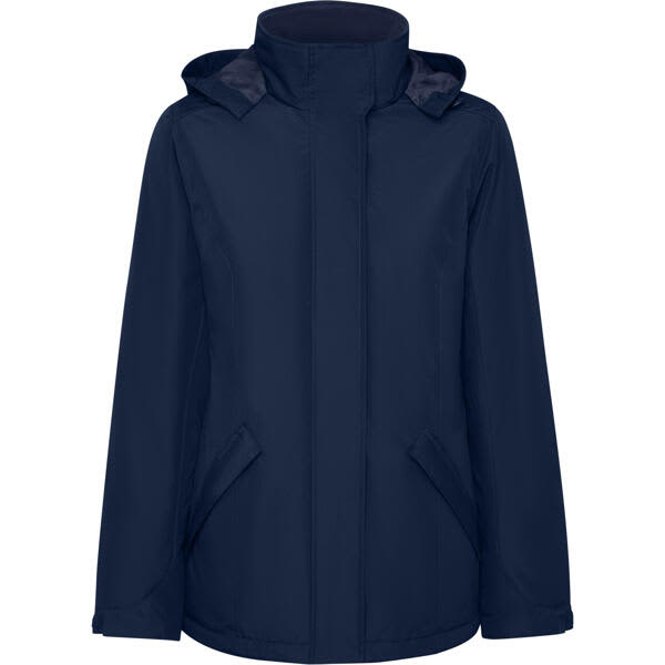 A navy women's parka with a hood and side pockets, featuring a branded logo. America Womens Parka - Image 1