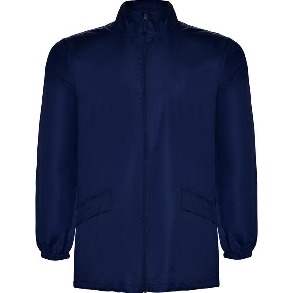 A navy blue jacket featuring a zip front and long sleeves, with side pockets and an accompanying logo. Escocia Jacket - Image 1