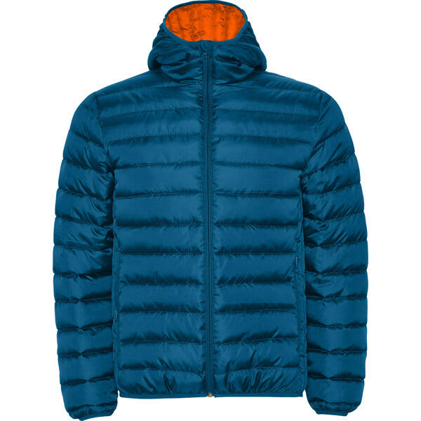 A waterproof hooded jacket in a deep blue colour with an orange inner lining, featuring a zip closure and puffy design. Norway Waterproof Hooded Jacket (Youth) - Image 1