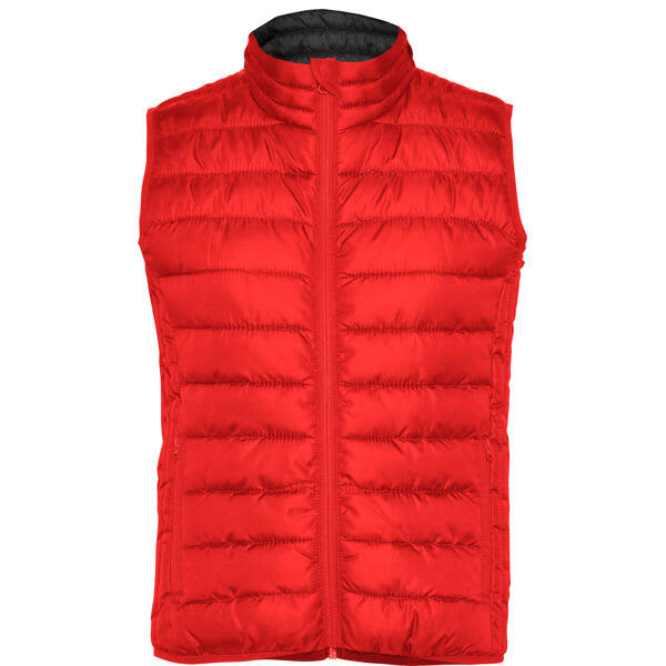 A red padded vest with a high collar and zip front, featuring a black interior lining. Oslo Womens Padded Vest - Image 1