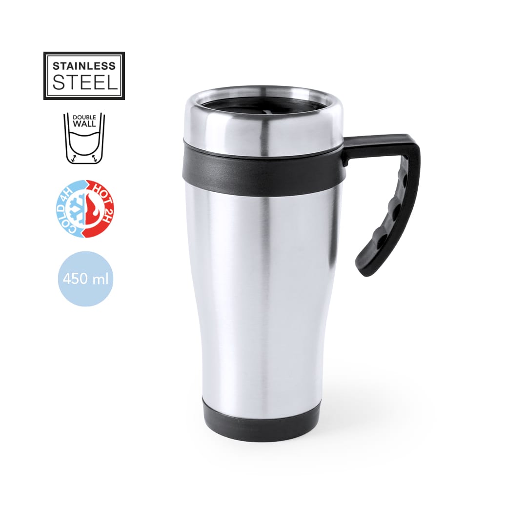 A stainless steel insulated travel mug with a black handle, featuring a double wall design. Holds 450 ml. Carson Insulated Mug - Image 1