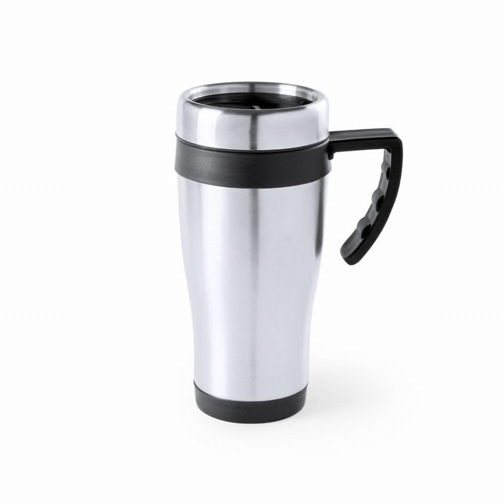 A drink bottle with a stainless steel body and black handle, featuring a black lid and a sleek design. Carson - Image 1