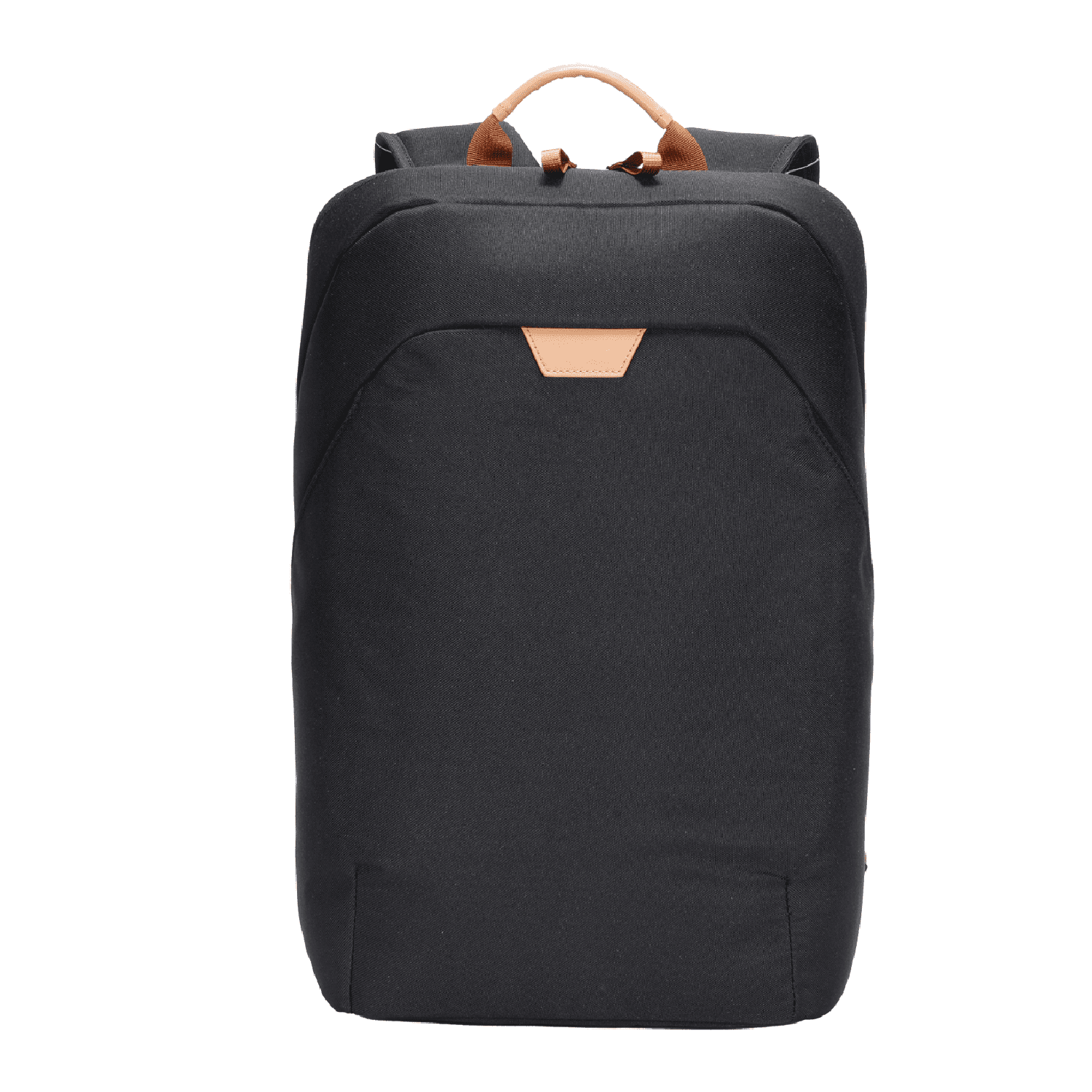 A black backpack with a structured design and a tan leather accent at the top, featuring a subtle logo. Fairweather Backpack - Image 1