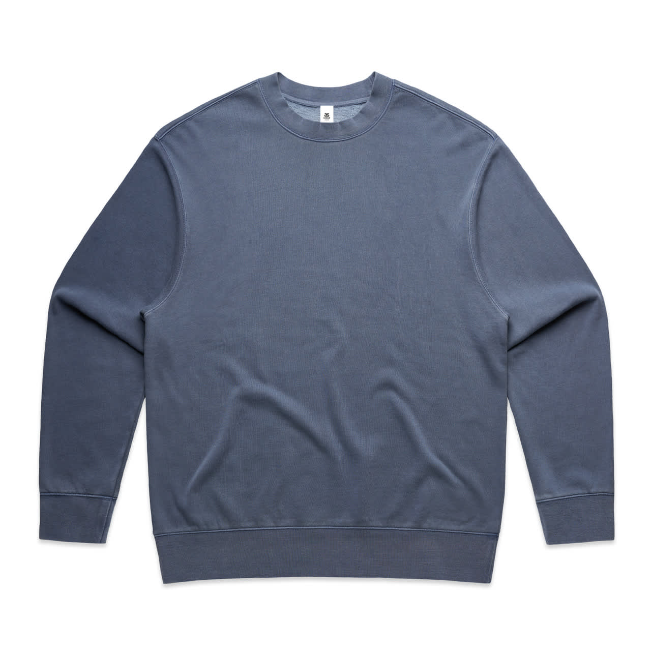 A blue sweater with long sleeves and a crew neck, featuring a logo on the label. Faded Crew - Image 1