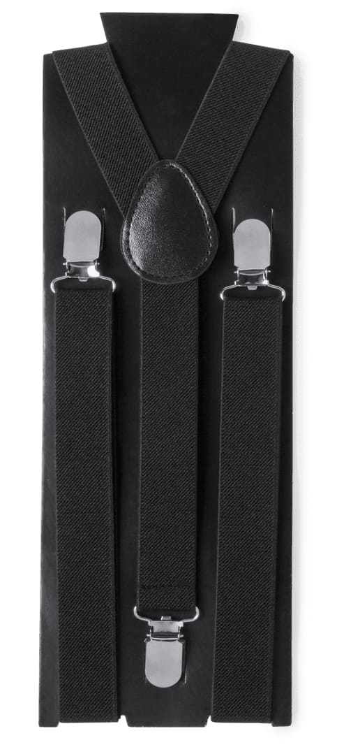 Black Corkey Braces with silver clips, displayed on a black card. Corkey Braces - Image 1