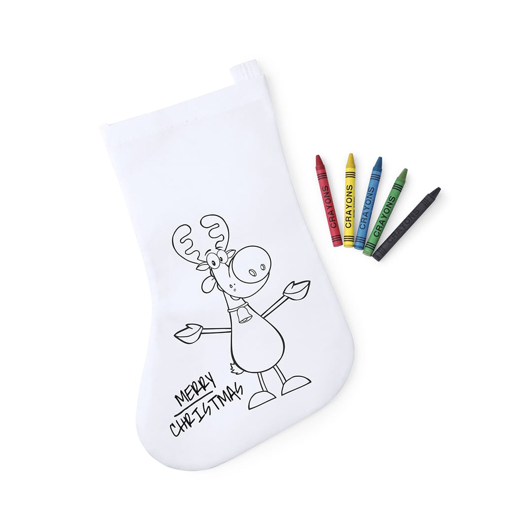 A white Christmas stocking featuring a cartoon moose illustration, accompanied by coloured crayons. Plicom Stocking - Image 1