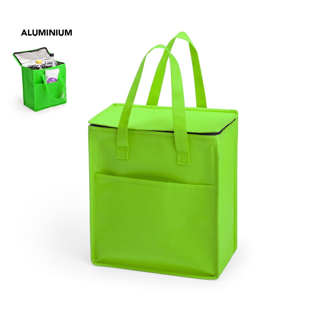 A green cooler bag with two handles, featuring a zippered top and a front pocket. It has an interior designed for insulation. Lans Cool Bag - Image 1