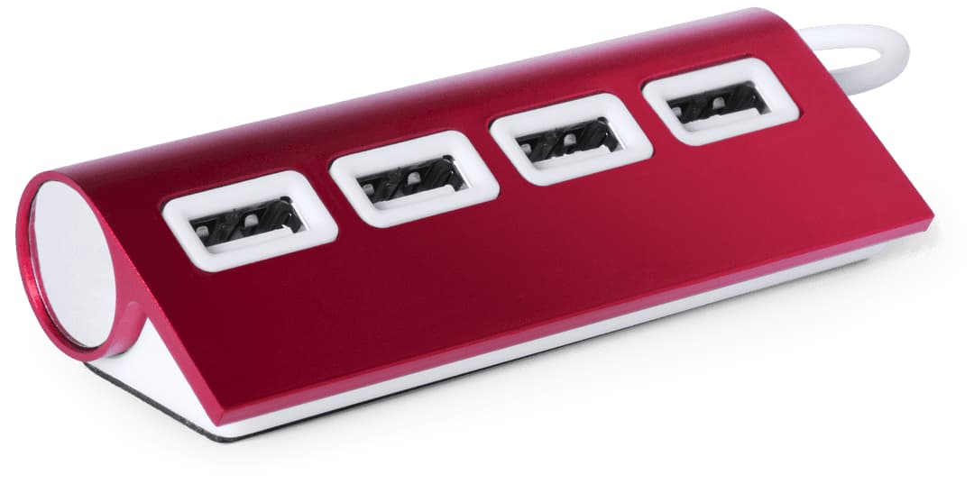 A red USB hub featuring four ports, with a sleek design and a rounded end. It includes branding on the surface. Weeper USB Hub - Image 1