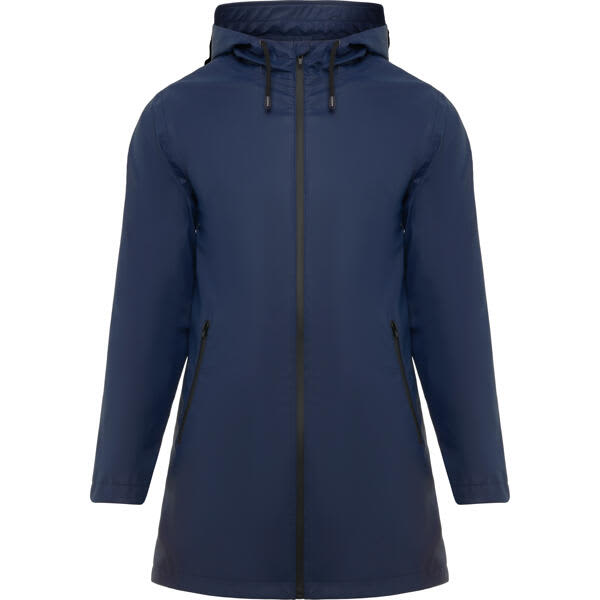 A waterproof raincoat in navy blue, featuring a hood and zippered pockets, with a logo on the design. Sitka Womens Waterproof Raincoat - Image 1