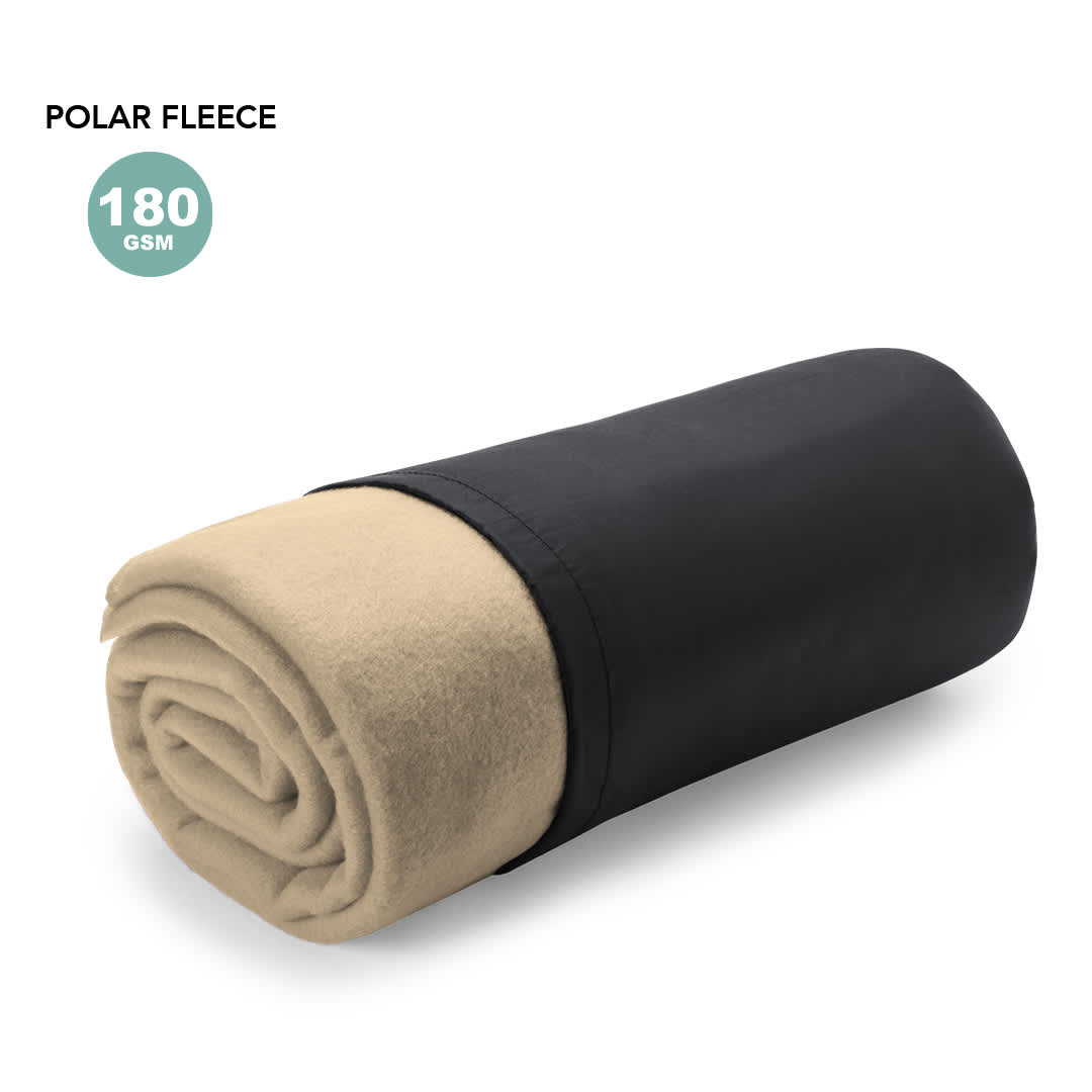 A rolled polar fleece blanket in beige and black, featuring a sleek storage design with a logo. Thiago Blanket - Image 1