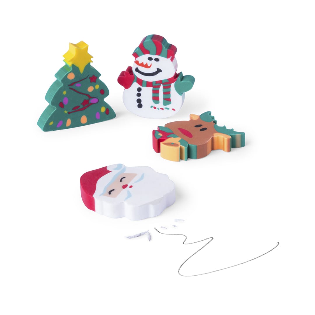 A set of festive erasers including a Christmas tree, snowman, reindeer, and Santa, all in vibrant colours. Flop Eraser Set - Image 1