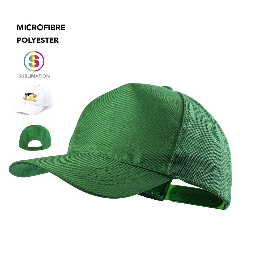 A green cap made of microfibre polyester, featuring a structured front and a logo on the side. Karif Cap - Image 1