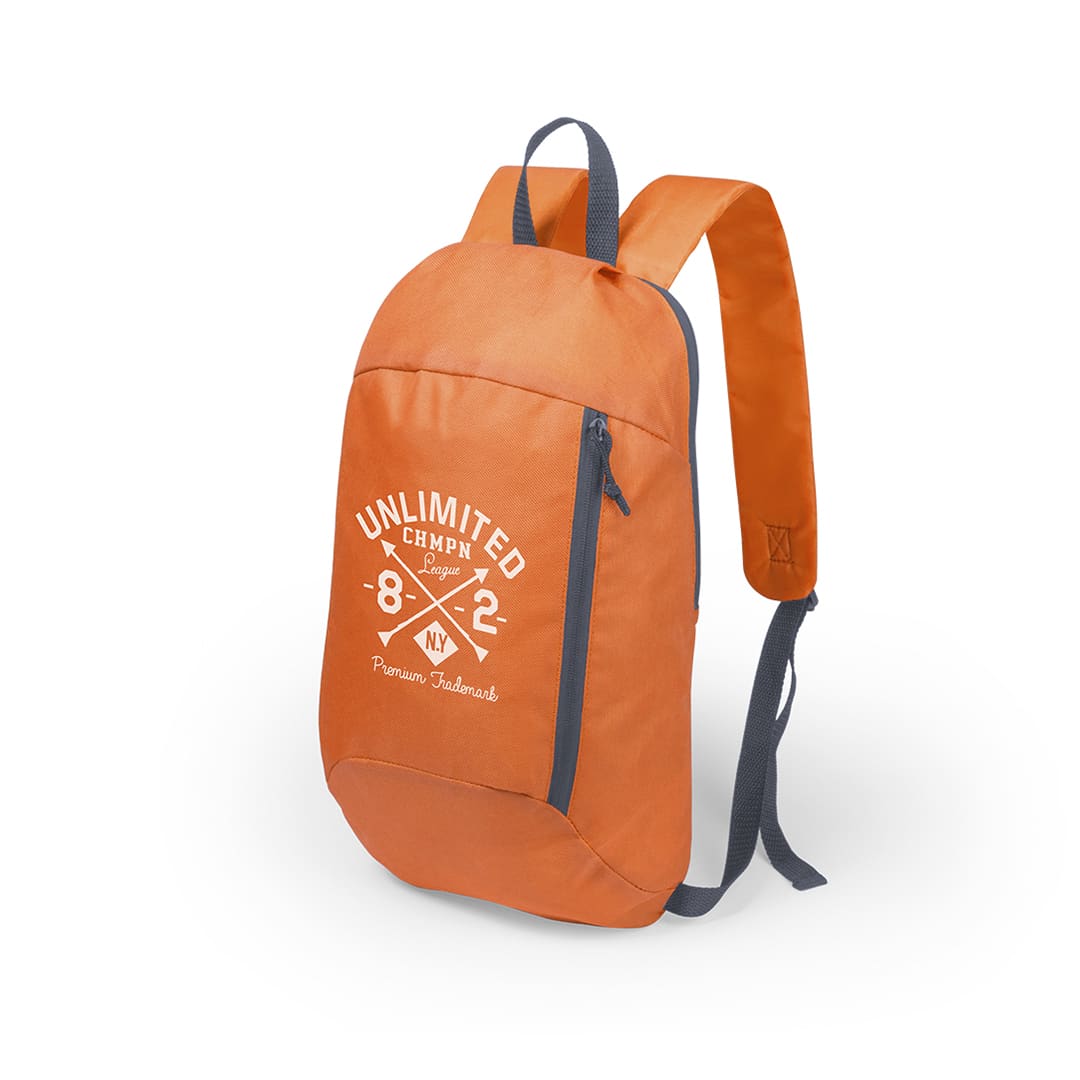 An orange backpack with a grey strap, featuring a logo and white graphic on the front. Decath Backpack - Image 1