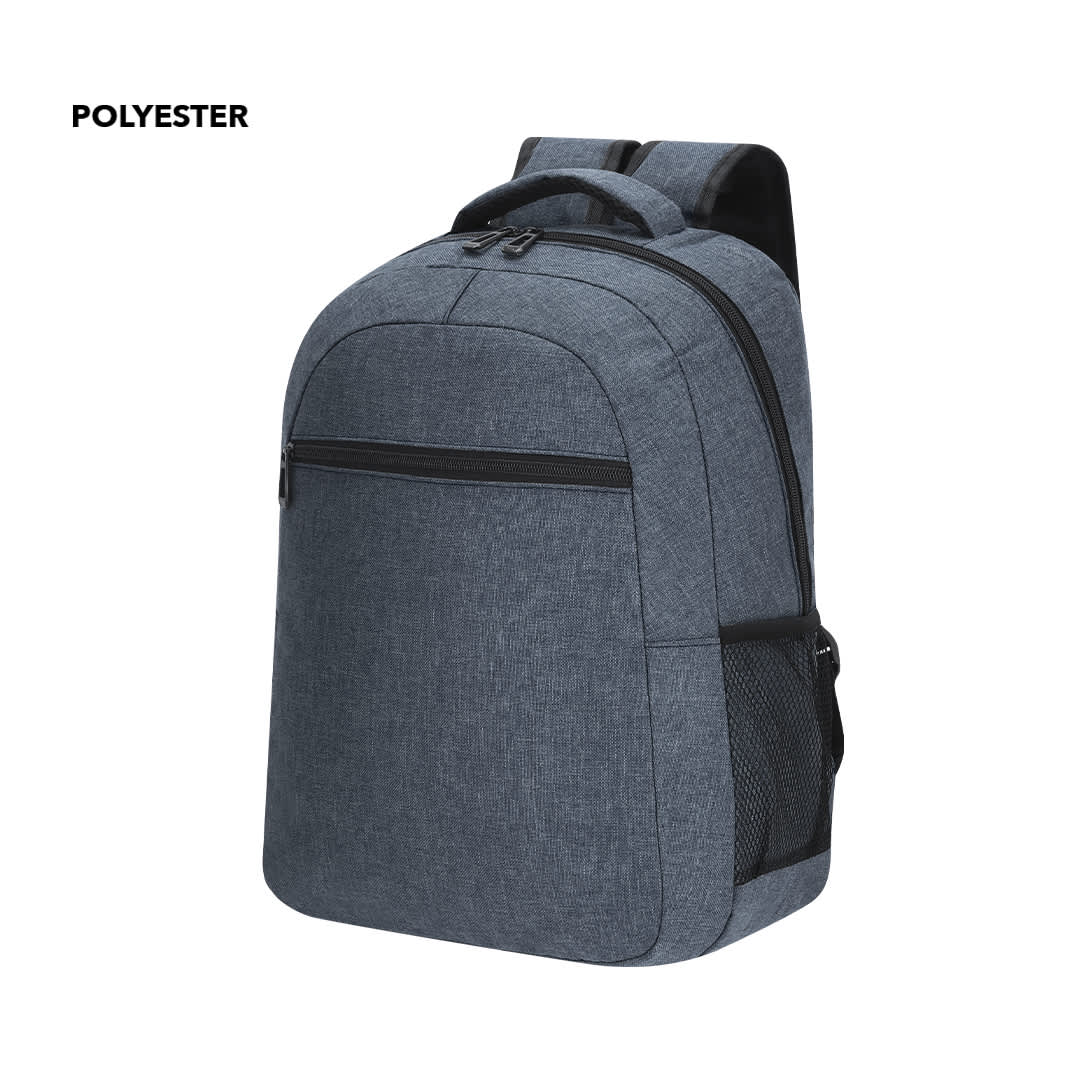 A grey polyester backpack featuring a zippered main compartment, front pocket, and mesh side pocket. Verbel Backpack - Image 1