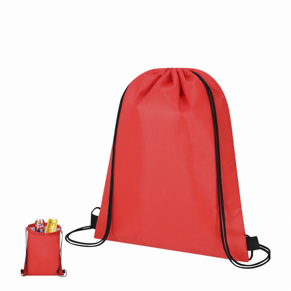 A red drawstring bag with black accents, featuring a pocket displaying snacks and drinks. Nipex - Image 1