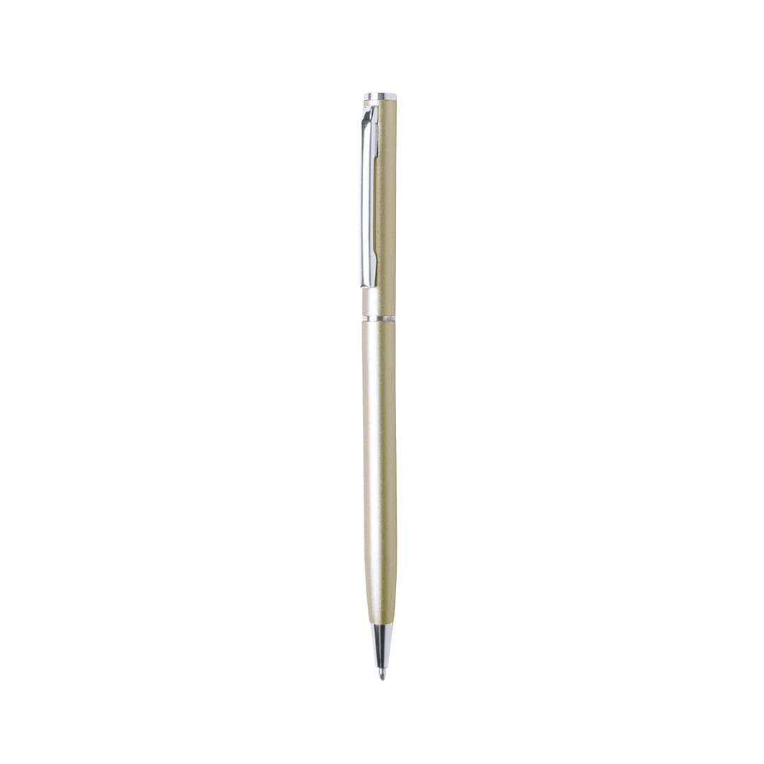 A metal pen in a gold finish with a silver clip, featuring a logo on the barrel. Zardox Pen - Image 1
