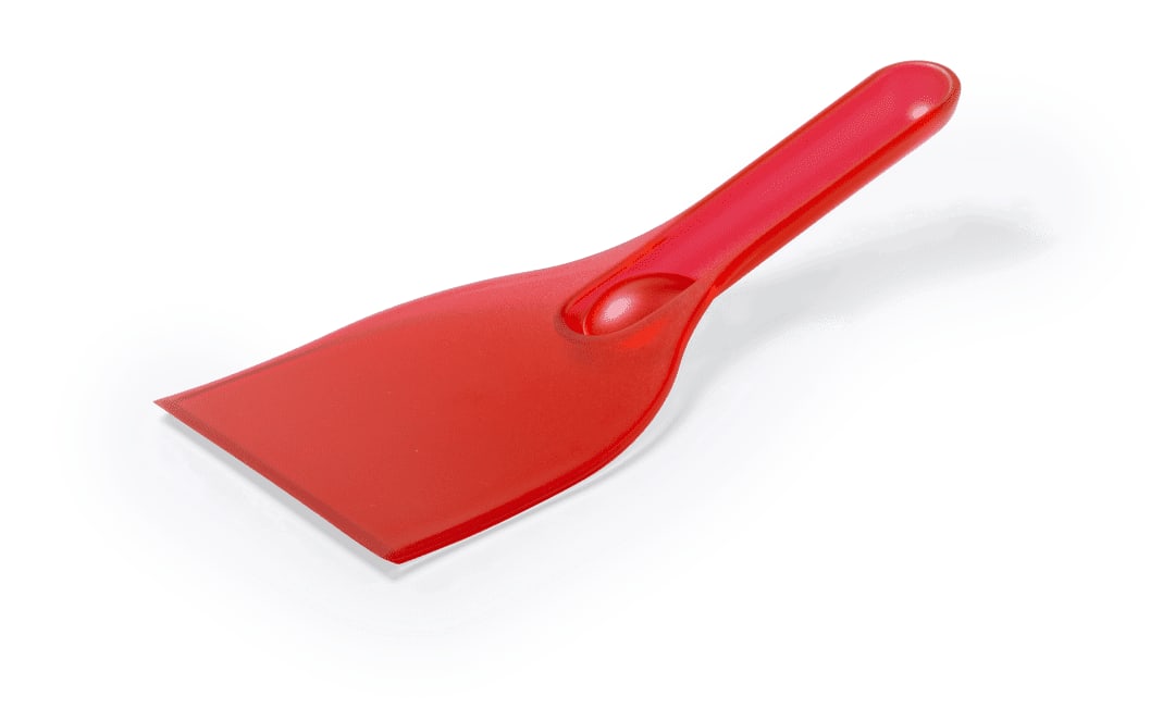 A red ice scraper with a flat blade and a comfortable handle, featuring a logo on the side. Feniok Ice Scraper - Image 1