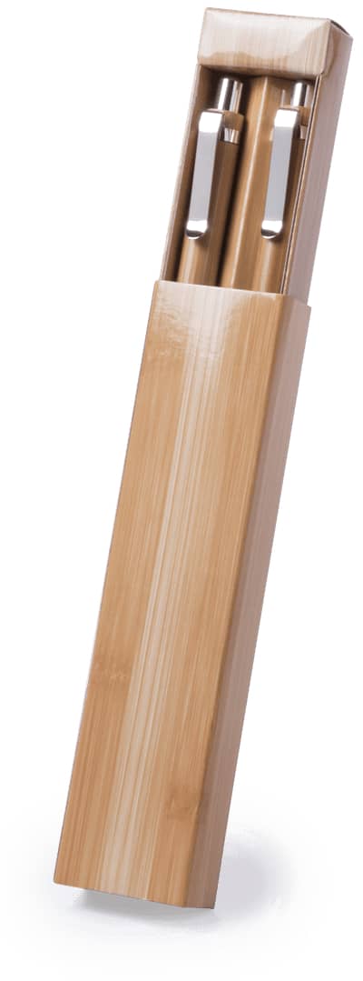 A bamboo pen set in a wooden case featuring two silver pens. The case has a simple, elegant design. Heleon Set - Image 1