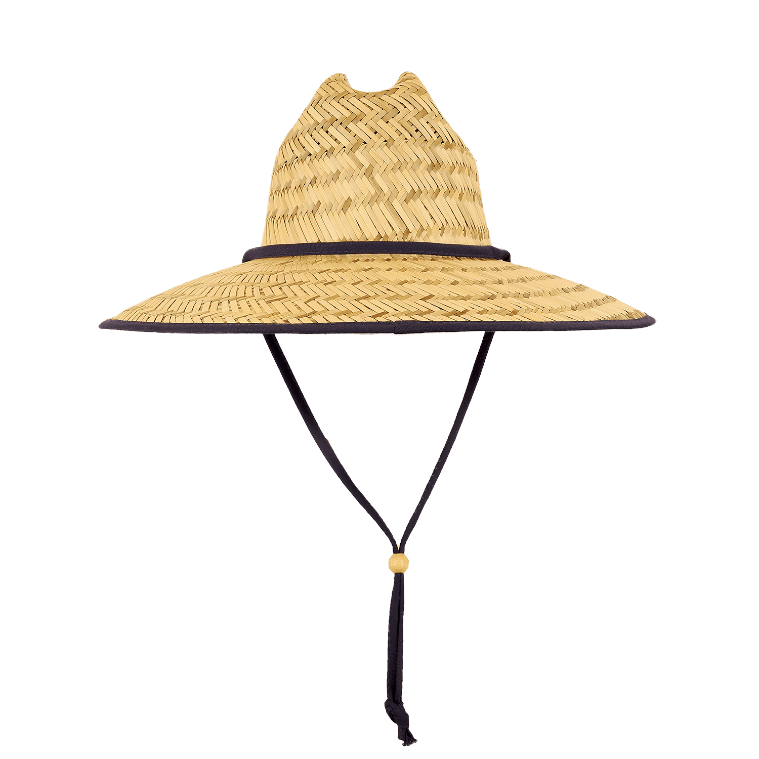 A straw lifeguard hat in natural tones with a black trim and adjustable chin strap. Mat Straw Lifeguard Hat - Image 1