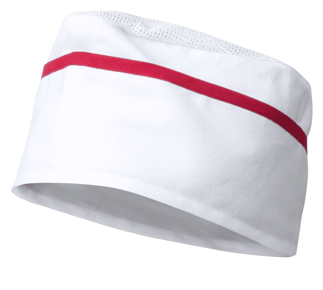 A white chef hat with a red stripe, featuring a mesh section for ventilation. It has a logo on one side. Painer Hat - Image 1