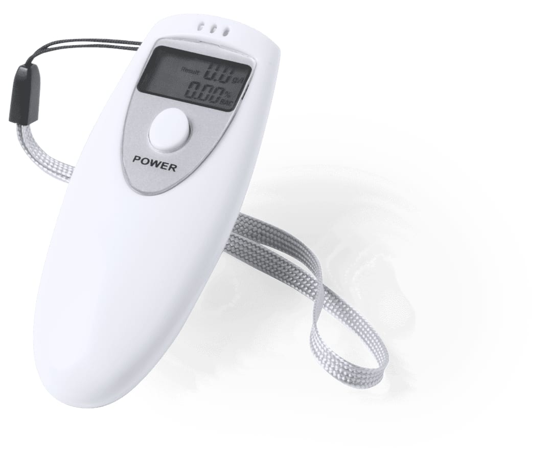 A white alcohol tester with a digital display and a silver wrist strap, featuring a logo. Gamp Alcohol Tester - Image 1
