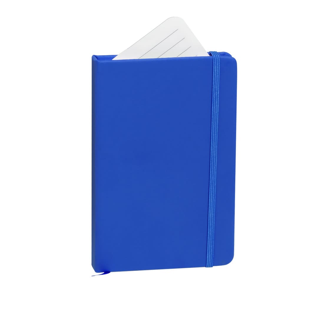 A blue notepad with a flexible cover, featuring lined pages and an elastic band closure. Kinelin Notepad - Image 1