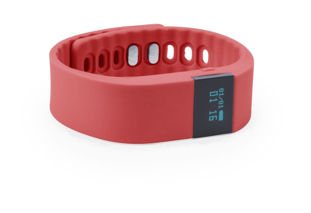 A red smart bracelet with a display and a textured band. It features a logo on the side. Wesly Smart Bracelet - Image 1