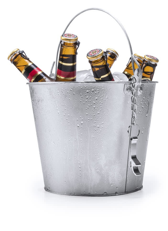 A metallic ice bucket filled with ice and several brown beer bottles, featuring a handle and condensation on the surface. Blake - Image 1