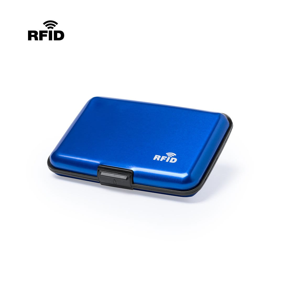 A blue RFID card holder with a sleek design and a secure clasp, featuring a logo on the top. Rainol Card Holder - Image 1