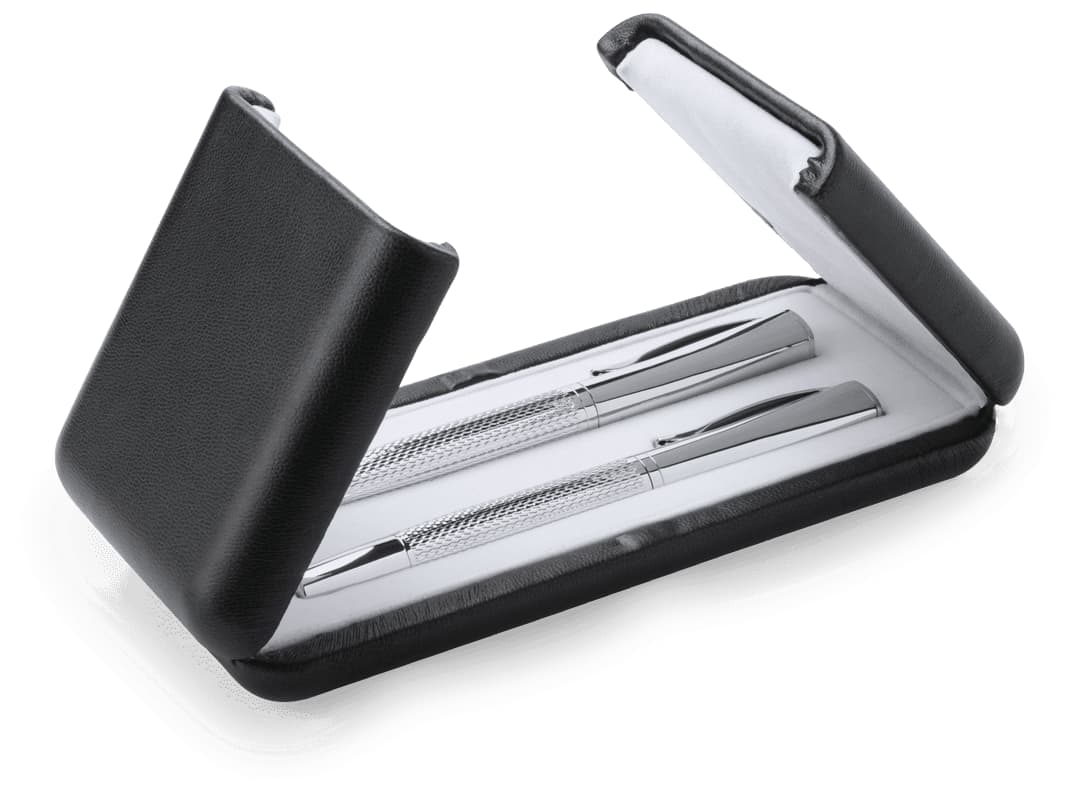 A black case containing two metal pens, displayed with the case open and a soft inner lining. Darius Set - Image 1