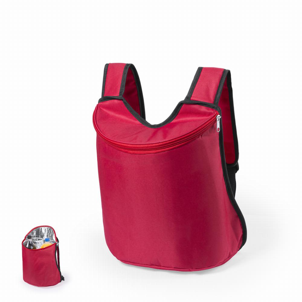 A red backpack with a zippered compartment, featuring black accents. It includes a small folded version beside it. Polys - Image 1