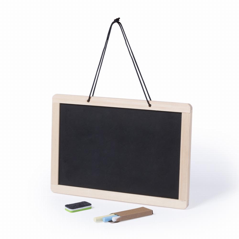 A hanging blackboard with a wooden frame, accompanied by chalk pieces and an eraser in assorted colours. Marnik - Image 1