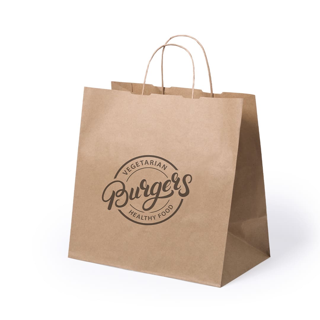 A brown paper bag with handles, featuring a logo for vegetarian burgers and healthy food. Take Away Bag - Image 1