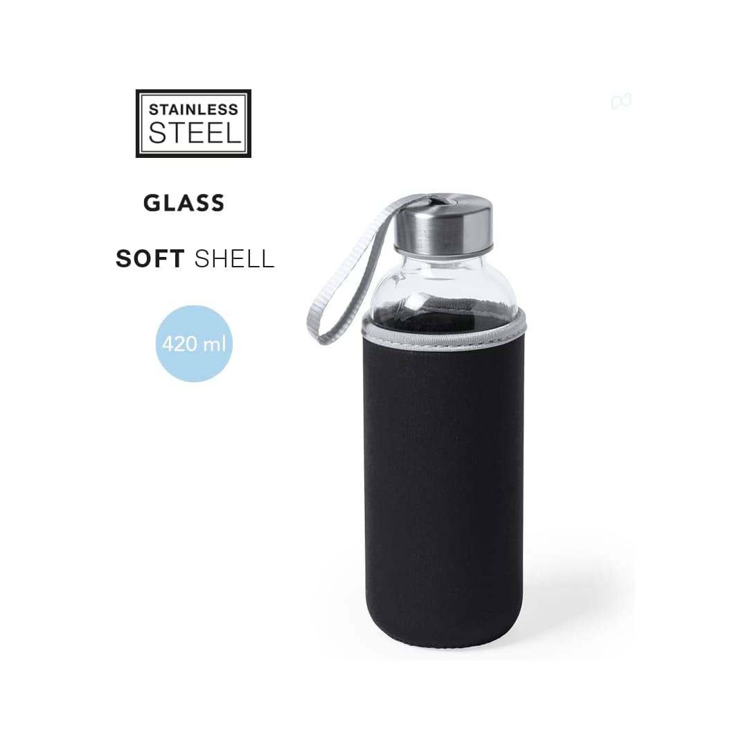 A drink bottle featuring a glass body with a black soft shell and stainless steel lid, holding 420 ml. Dokath Bottle - Image 1