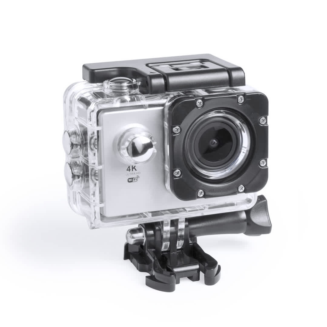 A silver action camera in a clear waterproof case, with a mount attached for easy attachment. Garrix Action Camera - Image 1
