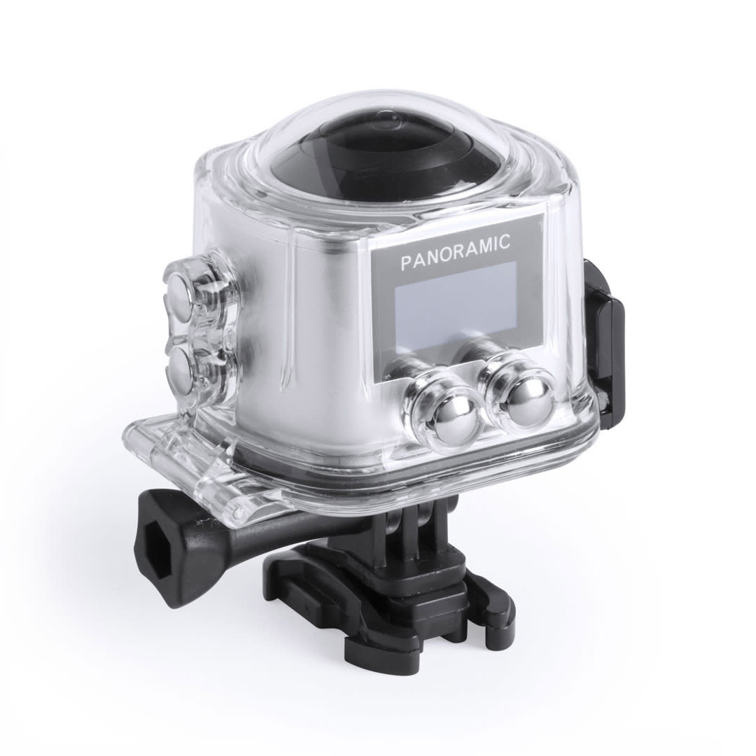 A silver 360° action camera with a transparent casing and mounting bracket, featuring control buttons and a display screen. Logans Action Camera 360° - Image 1