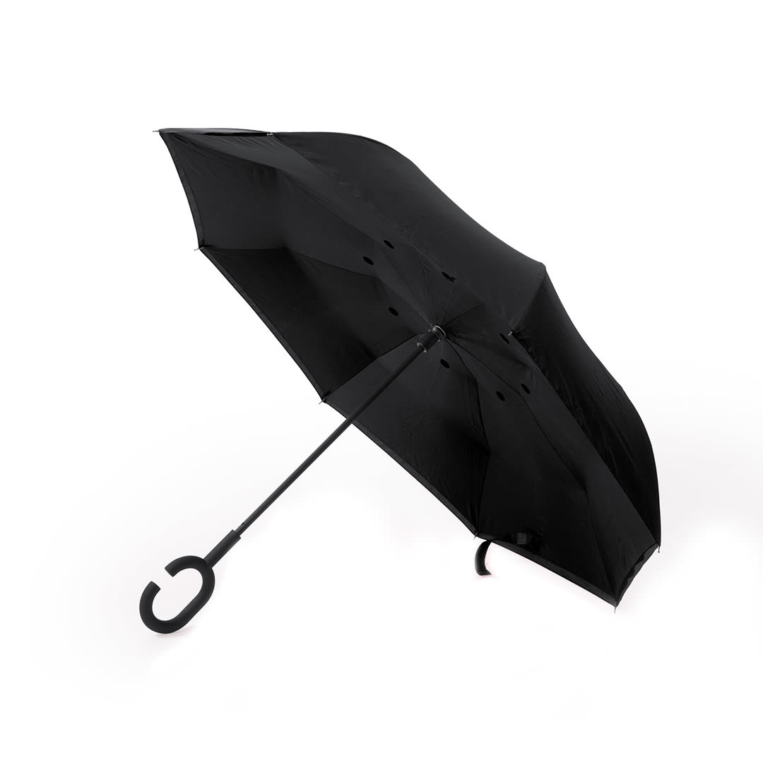 A black reversible umbrella with a curved handle and a smooth, sleek design. Features branding on the fabric. Hamfrey Reversible Umbrella - Image 1