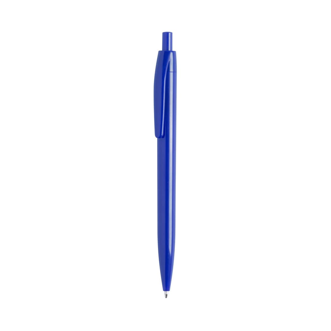 A blue plastic pen with a retractable mechanism and a clip on the side. It features a logo. Blacks Pen - Image 1