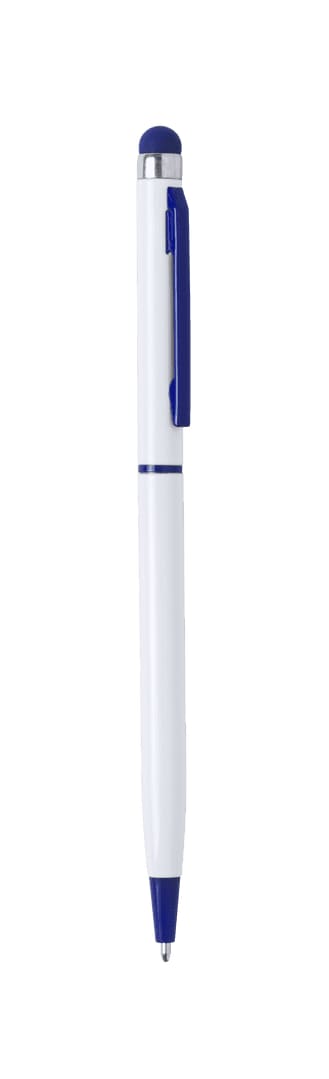 A stylus touch ball pen in white with blue accents, featuring a logo on the barrel. Duser Stylus Touch Ball Pen - Image 1