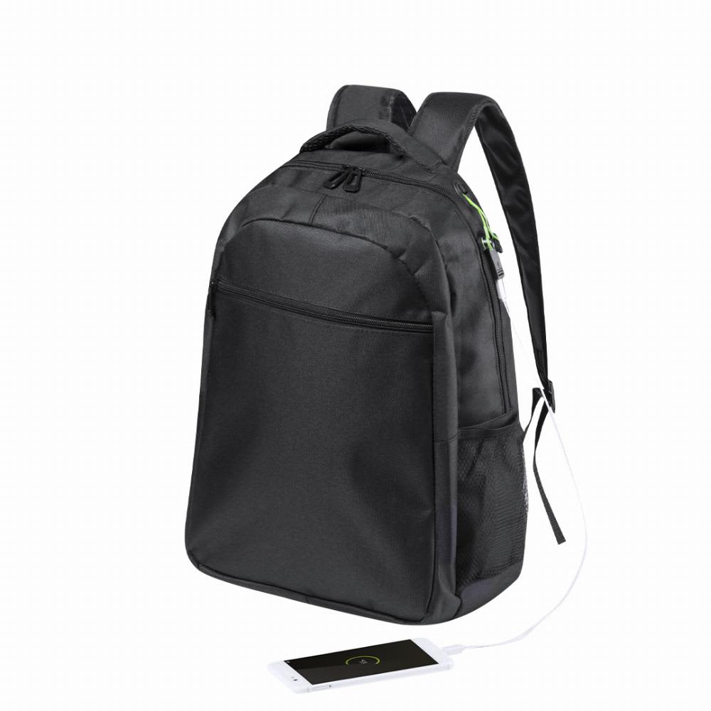A black backpack with adjustable straps, featuring a front pocket and a charging port. Halnok - Image 1