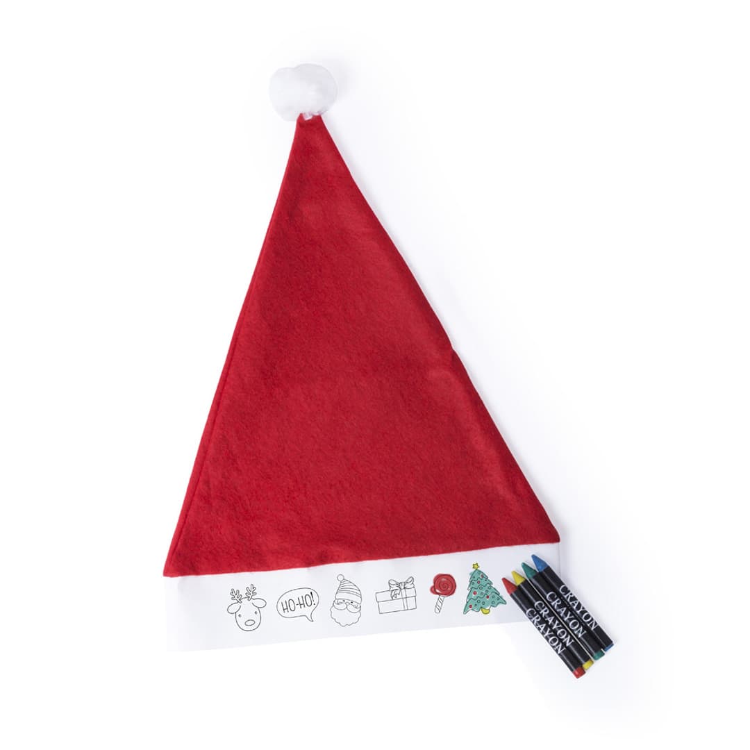 A red Christmas hat with a white brim and a pom-pom, accompanied by colouring pens. Rupler Kids Christmas Hat - Image 1