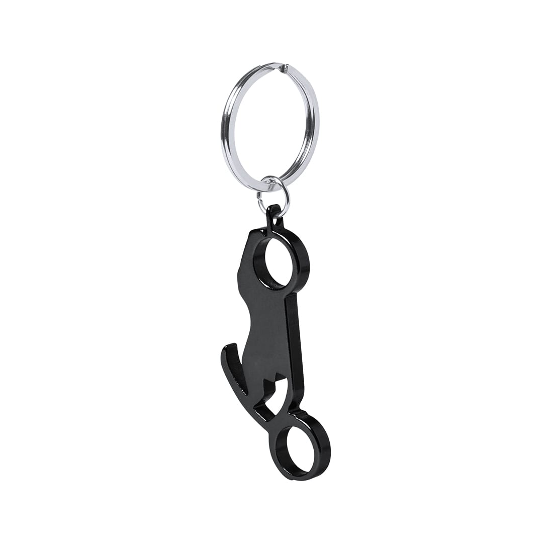 A drink bottle opener keyring in black, featuring a sleek design and a metal keyring for attachment. Blicher Opener Keyring - Image 1