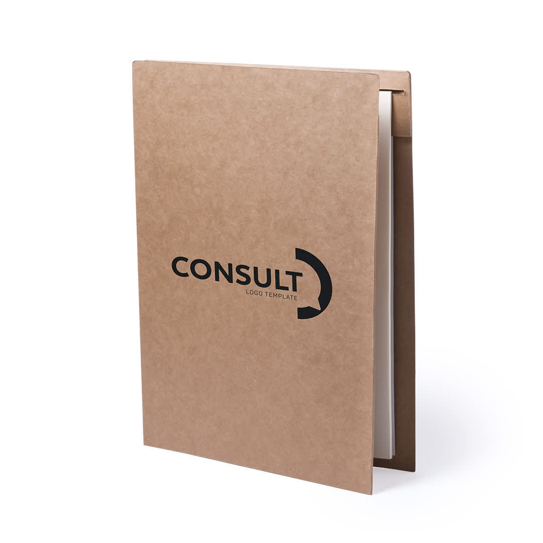 A brown folder with a logo on the front, featuring a smooth finish and an open design. Bloguer Folder - Image 1